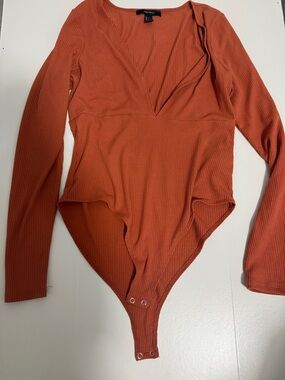 Forever 21 Rust-Orange Ribbed Long Sleeve Bodysuit
